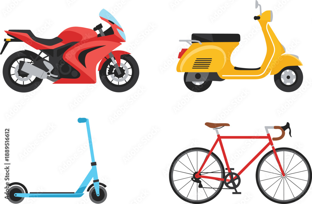 Fototapeta premium Set of urban transportation vehicles including sport motorcycle, scooter, electric kick scooter, and classic road bicycle illustration