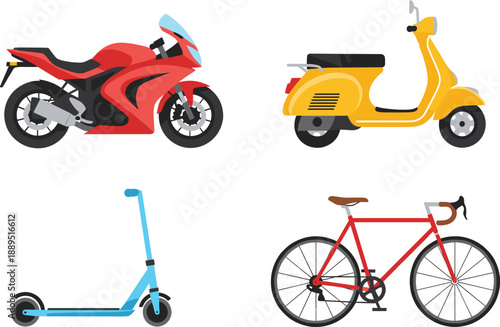 Set of urban transportation vehicles including sport motorcycle, scooter, electric kick scooter, and classic road bicycle illustration