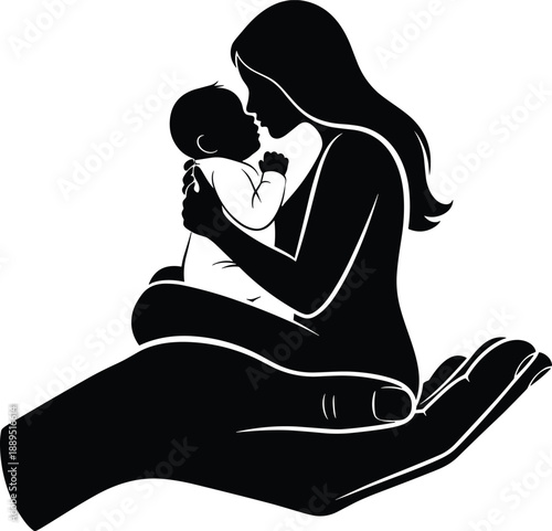 Silhouette of woman holding baby seated in protective hand, maternal care and safety theme illustration, transparent background graphic