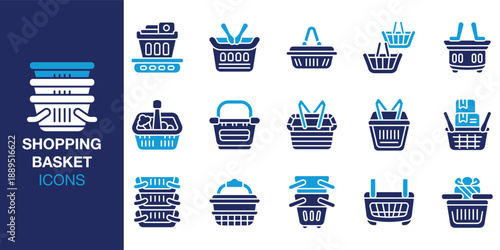 Shopping Basket Icon set. Containing market, checkout, purchase, buying, commerce and more. Solid vector icons collection. Vector illustration.