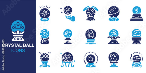 Crystal Ball Icon set. Containing witch, wizard, occult, spiritual, astrology, zodiac and more. Solid vector icons collection. Vector illustration.
