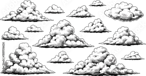 Hand drawn cloud illustrations set with vintage engraving style isolated on white background for weather, sky, and design concepts usage projects