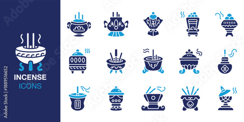 Incense Icon set. Containing ritual, spiritual, meditation, zen, yoga, relaxation and more. Solid vector icons collection. Vector illustration.