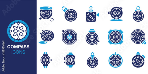 Compass Icon set. Containing explorer, mapping, map, route, guide, orient, north and more. Solid vector icons collection. Vector illustration.