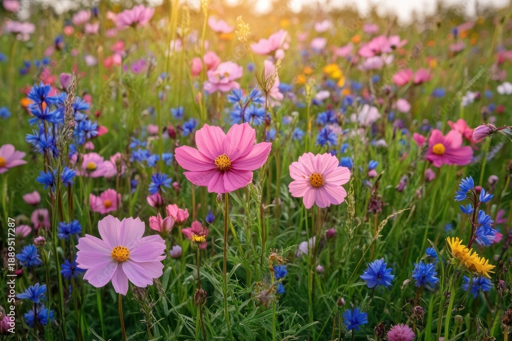 Obraz premium Sunlit wildflower meadow of pink cosmos and bright blue cornflower blooms with yellow flowers and lush green grass, evoking peaceful, joyful summer serenity