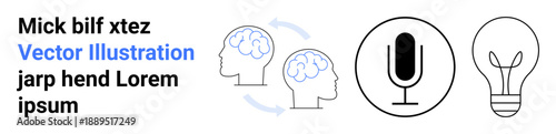 Innovation, communication, knowledge transfer, brainstorming, creativity, ideas. Brain diagrams with arrows, a microphone and a light bulb. Innovation and communication concept