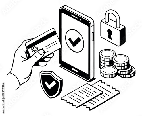 Isometric hand drawn e-commerce set featuring a credit card, smartphone, padlock, shield, coins, and receipts for secure online payments