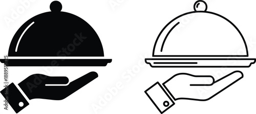 Restaurant service icon showing waiter hand holding covered serving tray cloche in solid and outline styles