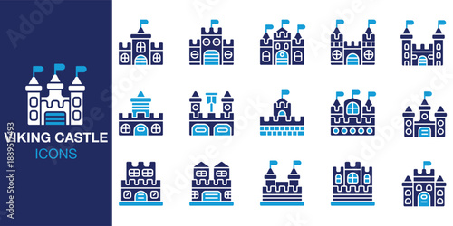 Viking Castle Icon set. Containing tower, battlement, rampart, gatehouse, moat and more. Solid vector icons collection. Vector illustration.