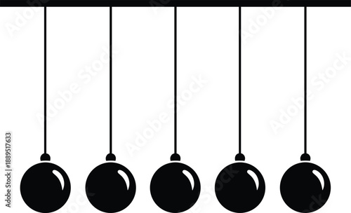 Newton’s cradle physics icon showing suspended swinging metal balls in minimalist black silhouette illustration