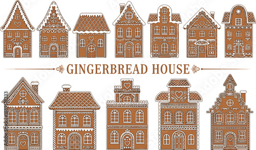 Set of decorative gingerbread house illustrations for Christmas baking, holiday cards, winter markets, and festive seasonal designs
