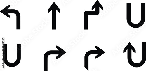 Directional arrow and U-turn road sign icon set showing navigation, routing, and traffic flow symbols