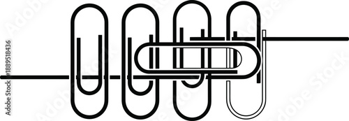 Paper clip insertion sequence icon showing alignment and threading steps in minimalist black outline vector style