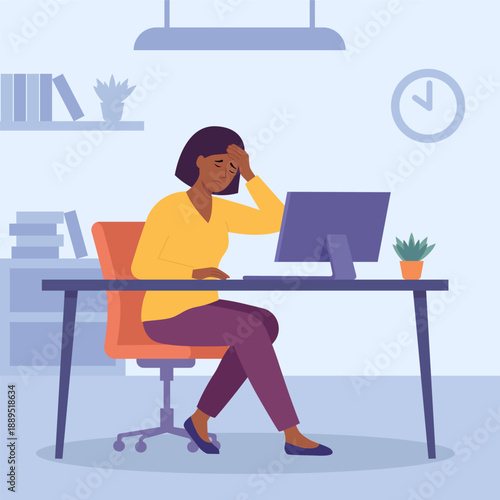 Sad woman with headache sitting at office desk feeling sick and tired at work.