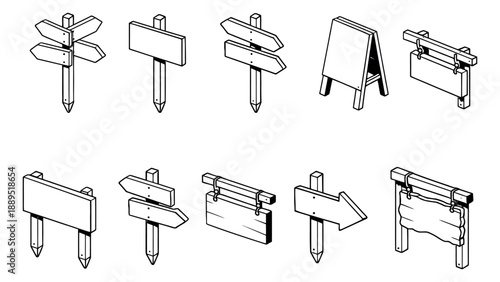 Line art wooden signs set featuring various blank signboards, directional arrows, and a-frame boards for information and advertisement