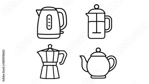 A set of colorful kitchen appliances for brewing hot beverages at home