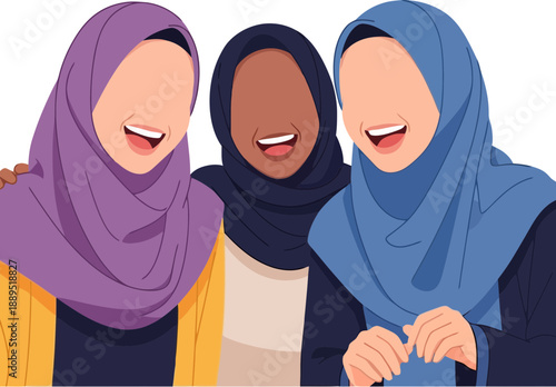 Three women wearing colorful hijabs smiling.