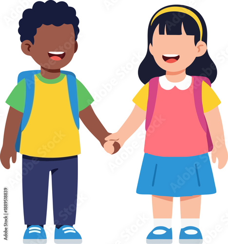 Two children holding hands smiling.