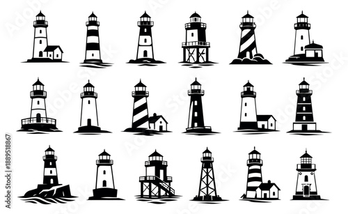 Graphic lighthouse set featuring various designs and styles for maritime navigation