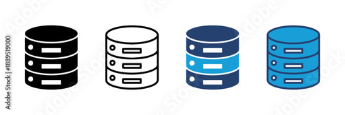 Database server icons set with solid black, outline, and two colored versions representing data storage, technology, and digital information systems.