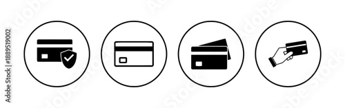 Credit card icons set in circles showing secure payment transaction digital banking financial operations and payment methods with shield and checkmark