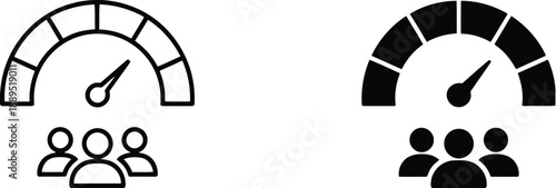 Dashboard performance meter icons with people group, gauge displaying speed, efficiency, measurement, progress, and analytics, abstract illustration