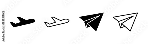 Different airplane and paper plane icons in black and white, illustrating travel and flight concepts for design.