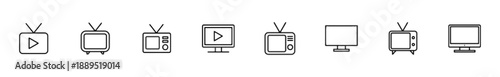 Diverse collection of eight television icons, showcasing retro and modern TV sets, some with screens displaying play buttons or channels, representing broadcast entertainment