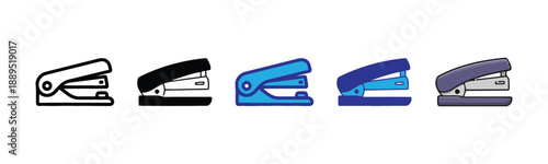 Display of five stapler icons in multiple variations of outline, solid black, blue, dark blue, and purple, suitable for office supplies and stationery applications