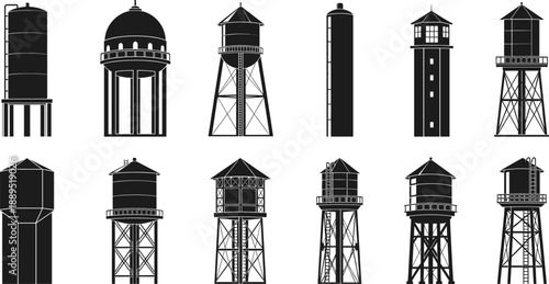 Water tower silhouette icon set with classic elevated tanks and industrial storage structures in black outline style