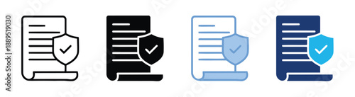 Document security and protection icons featuring a scroll document, a shield with checkmark, signifying legal agreement, privacy, and data safety, available in multiple styles and colors.
