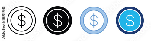 Dollar coin icon with dollar sign inside circle in four styles outline black blue and blue representing currency finance money and wealth in financial concept