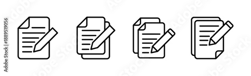 Document writing icons set representing different stages of note taking paper and pencil for editing and drafting with lines and writing tools for creative process and content creation