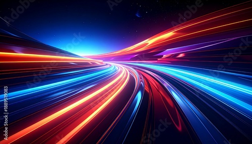 Abstract light trails create a futuristic and dynamic scene.