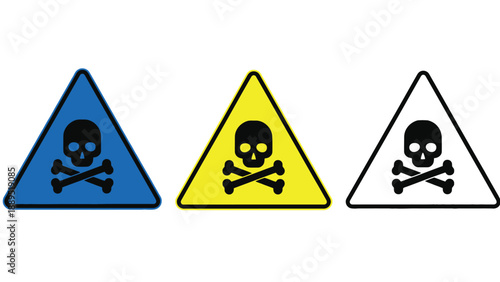 Three triangular warning signs with skull and crossbones on white background