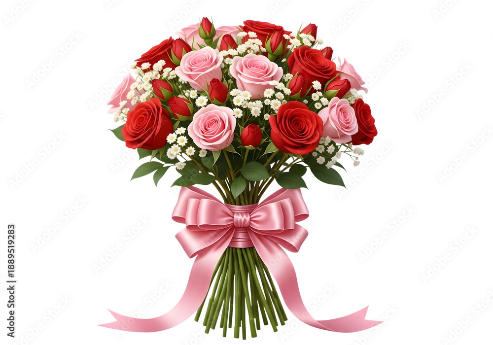Fototapeta premium Pink and Red Roses Bouquet with Ribbon Isolated on White