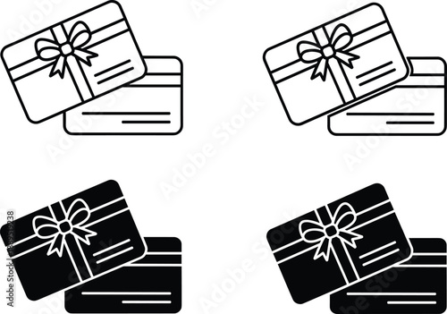 Gift card icon set in outline and solid styles showing stacked cards with ribbon bows for rewards and vouchers