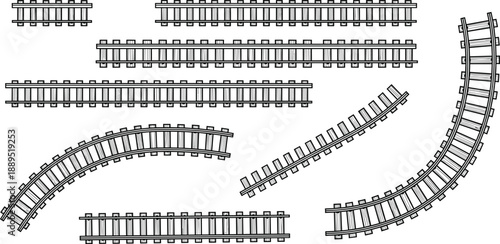 Railroad track icon set with straight and curved segments in black outline style for transportation and mapping designs