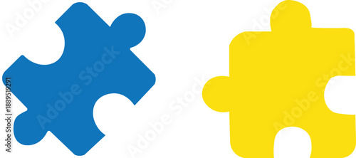 Two brightly colored puzzle pieces, one blue and one yellow, symbolizing connection and problem-solving on a white background.