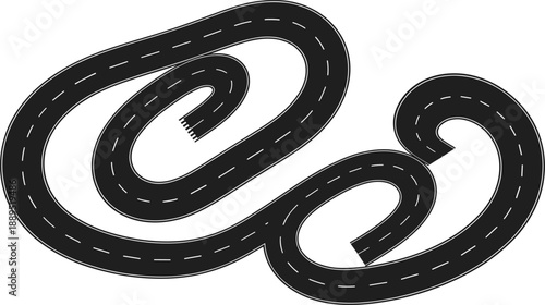 Curvy winding road track illustration with dashed lane markings, perfect for racing maps, driving routes, and transport graphics