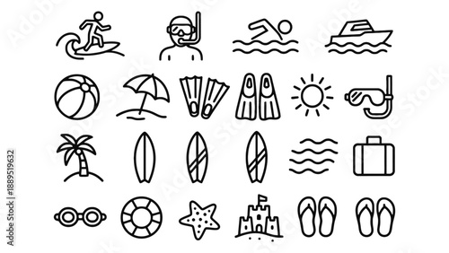 A collection of black line icons depicting a summer beach vacation theme