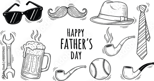 Hand drawn happy fathers day illustration with mustache hat pipe beer tools necktie sunglasses doodle style greeting design