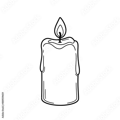 A lit candle with melting wax drips is centered in this line drawing