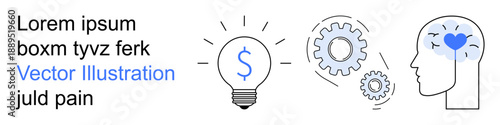 Business development, financial planning, creative thinking, problem-solving, innovation, productivity. Light bulb with dollar sign, gears and head with heart symbol. Business development