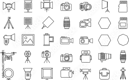 Large set of photography and videography equipment line icons featuring cameras lenses lighting tripods and studio gear isolated on grey background