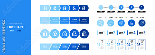 Blue Flowchart Templates, Step by Step Diagram Set, Process and Workflow Icons, Vector