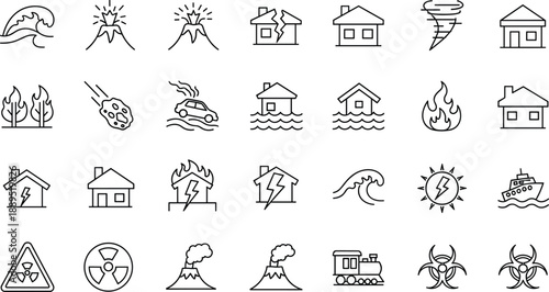 Hand drawn natural disaster icons set earthquake flood fire volcano tsunami storm radiation emergency warning outline vector illustration collection for safety education