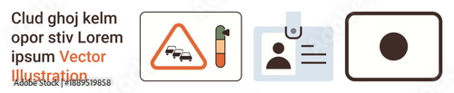Transportation safety, identification, infographic design, documentation, minimalism, vector iconography. Traffic sign with cars, ID card with photo black dot on a white background. Transportation