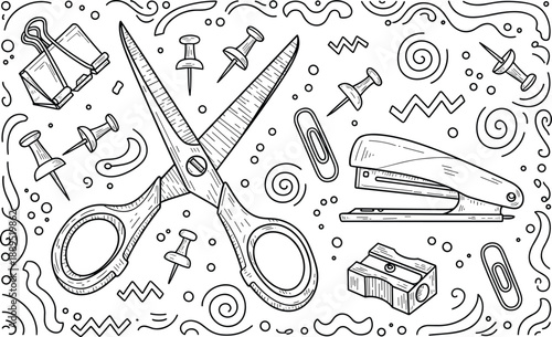Hand drawn office stationery doodle illustration with scissors stapler pins paper clips sharpener binder clip abstract decorative elements