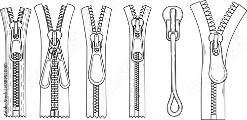 Hand drawn zipper collection with metal sliders and textile fasteners outline vector illustration set for fashion sewing tailoring design use
